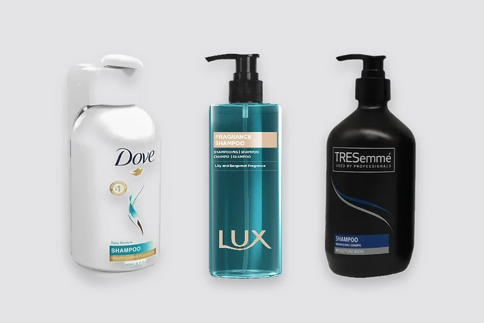 Distributeurs cosmétiques de 500 ml Dove, Lux et TRESemmé côte à côte