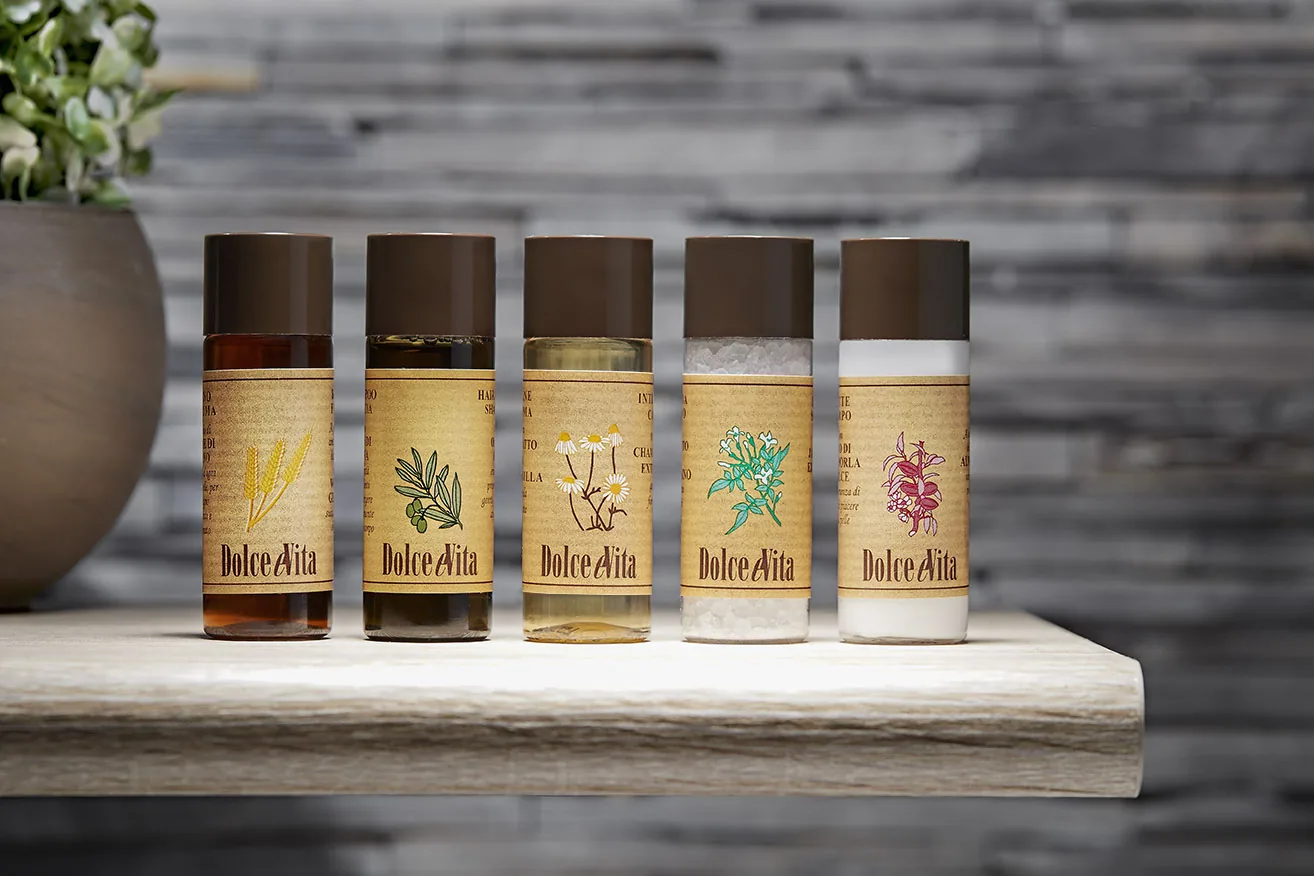 Dolce eVita Einzelportionen im Flacon: Bagnoschiuma, Shampoo Doccia, Igiene Intima, Badesalz und Latte Corpo