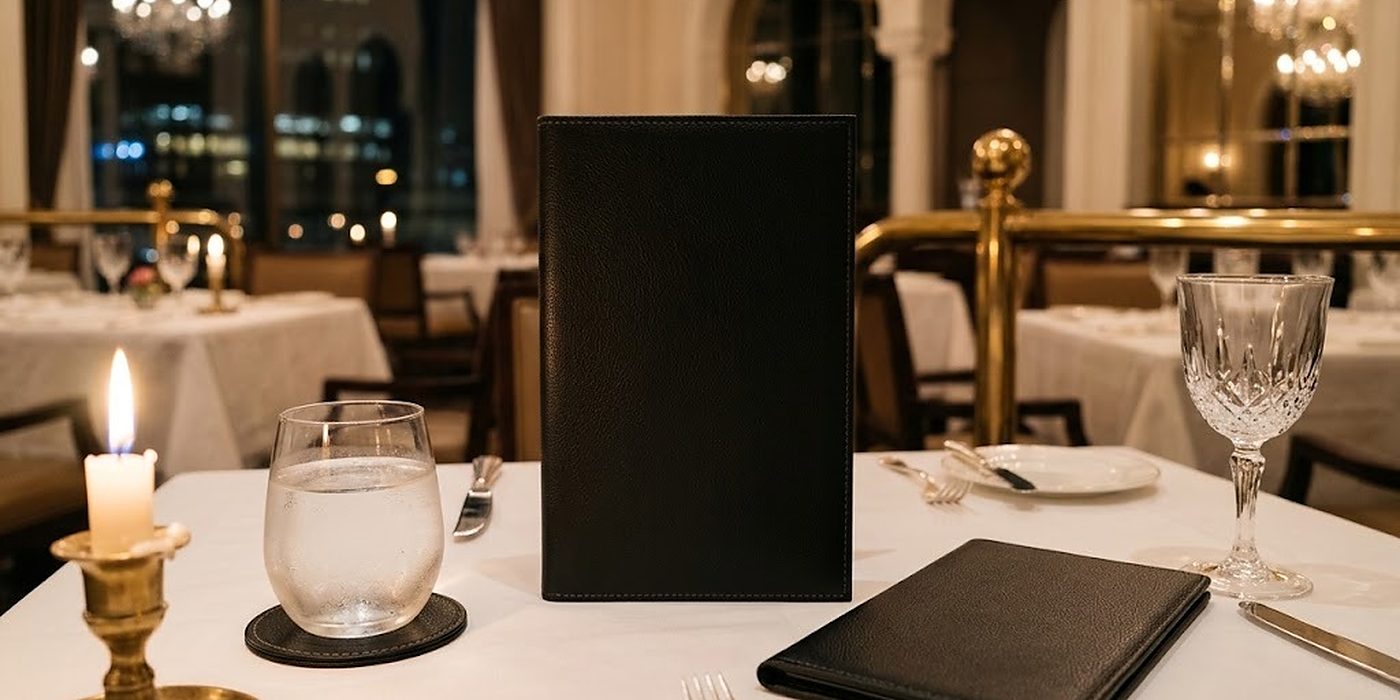 Portamenu e portaconto in ecopelle PU nera su un tavolo di ristorante apparecchiato con candela