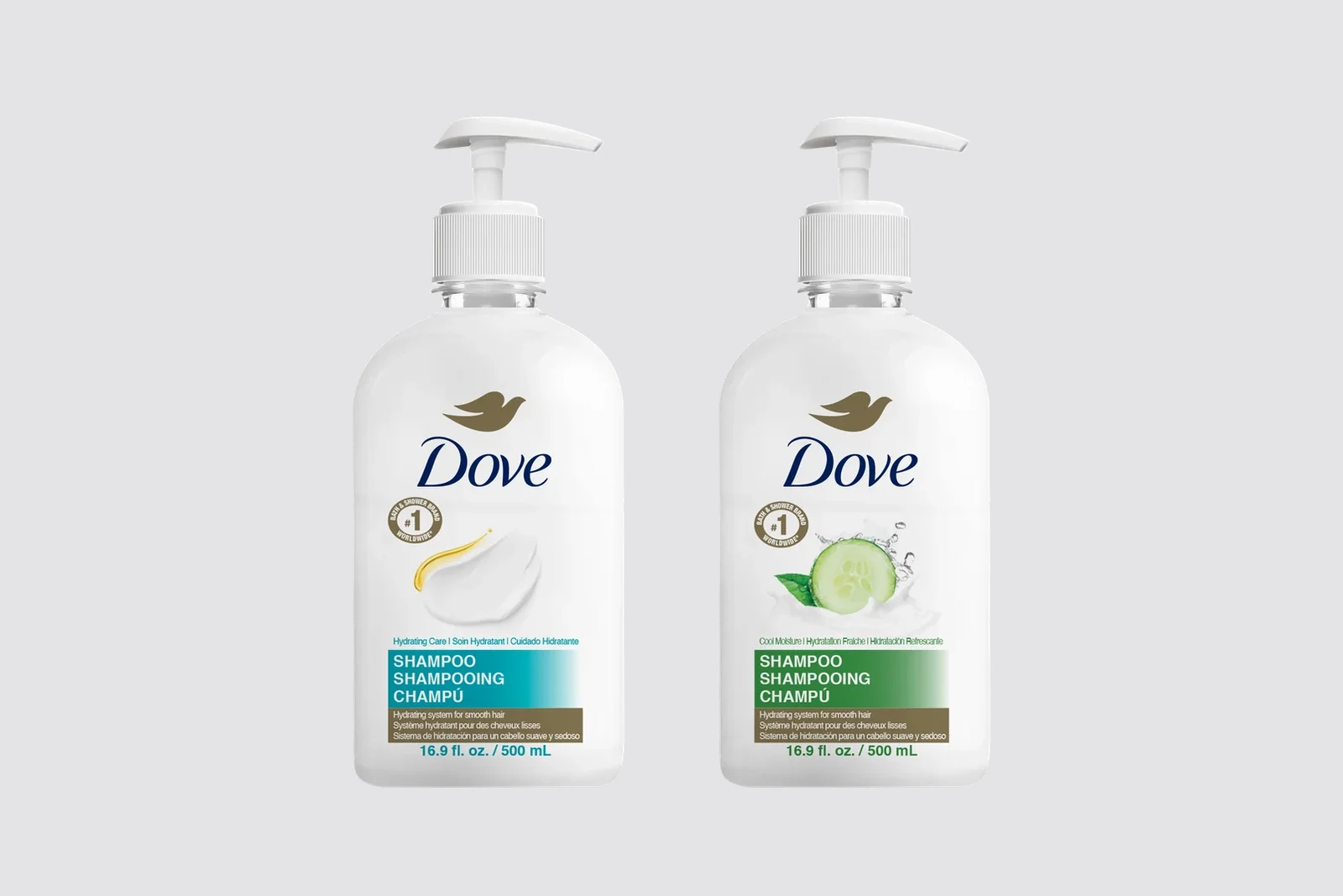 Deux distributeurs Dove de 500 ml, Hydrating Care et Cool Moisture, côte à côte