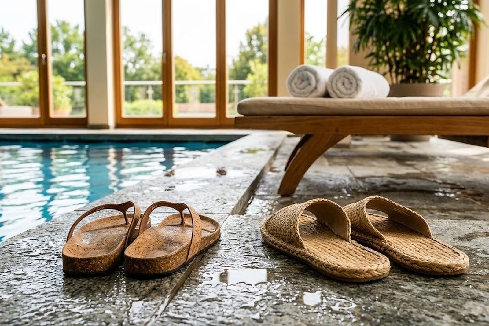 Chanclas de corcho sobre una tumbona de madera en un spa, al fondo la piscina a la luz del día