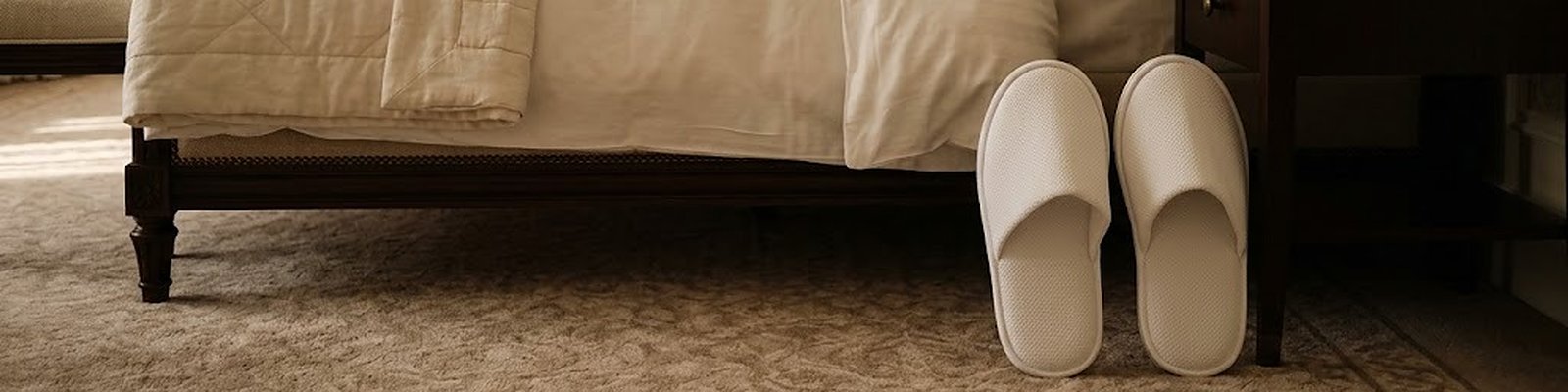 Chaussons d'hôtel fermés en fibre naturelle devant le lit d'une suite d'hôtel dans la lumière du matin