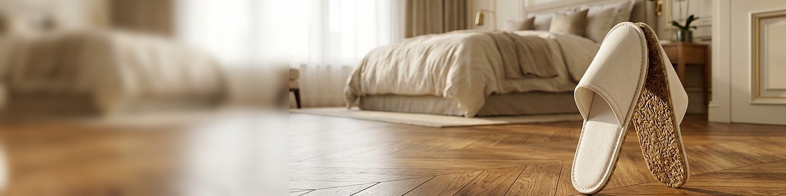 Chausson d'hôtel blanc en fibre naturelle sur parquet de chêne dans une suite, la semelle en canne à sucre visible