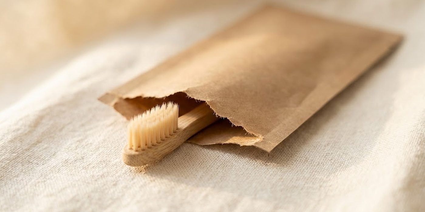 Sobre de papel rasgado sobre lino con un cepillo de dientes de bambú dentro, primer plano