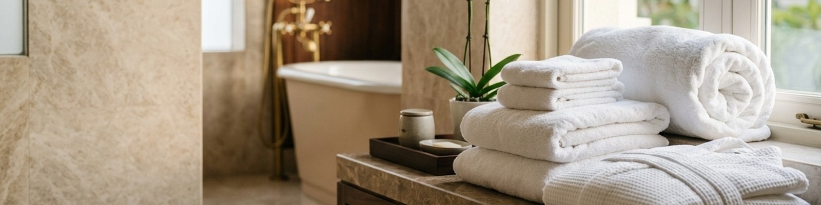 Stacked white hotel towels next to a bath sheet and a bathrobe