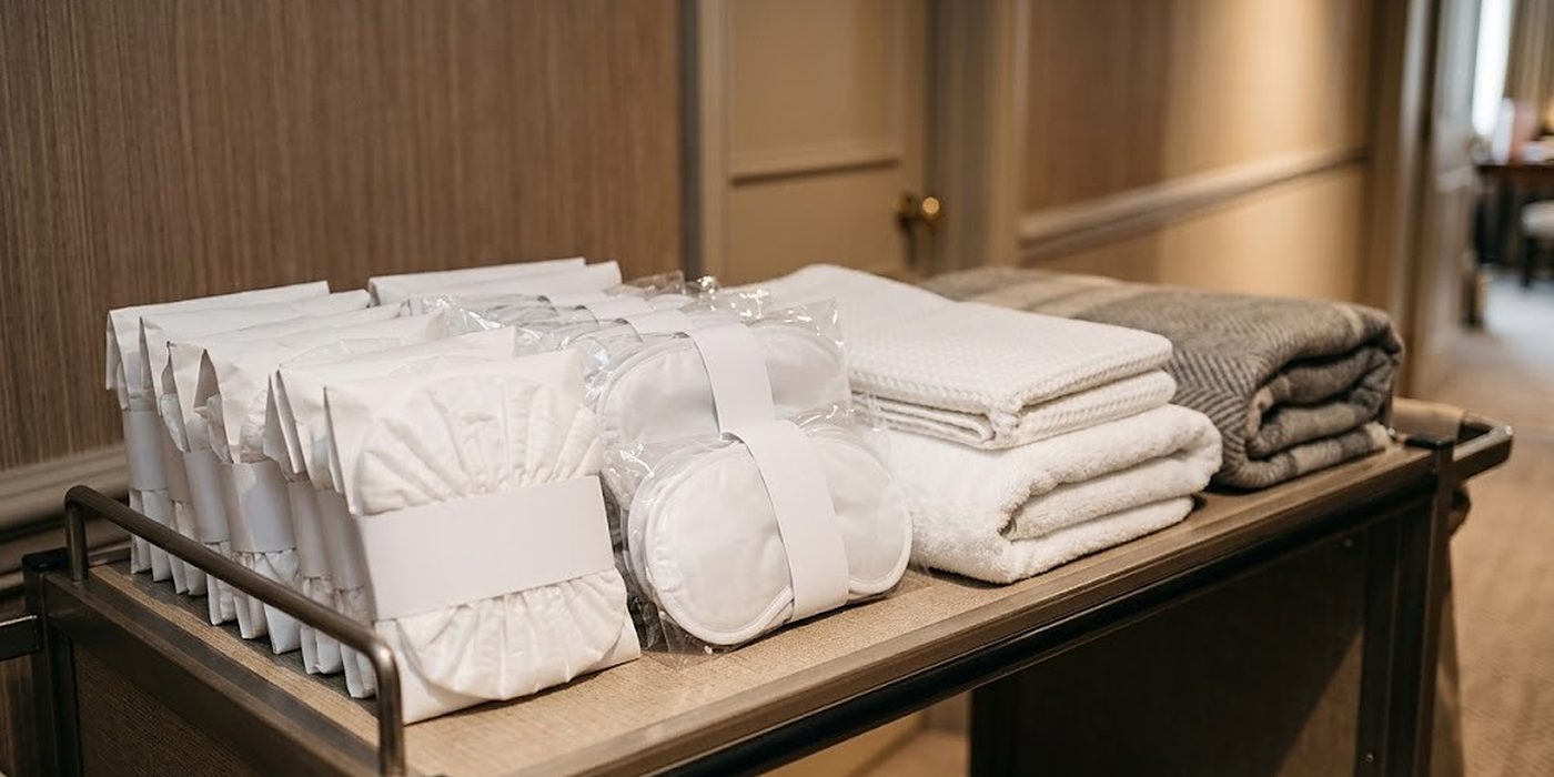 Regal eines Housekeeping-Wagens mit Innenpacks einzeln verpackter Duschhauben und Schlafmasken neben gefalteten Handtüchern