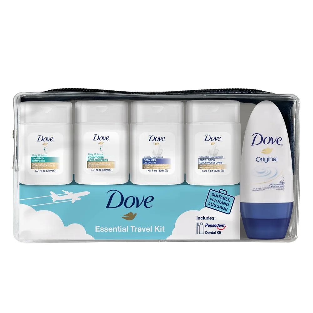 Dove Essential Travel Kit avec quatre minis de 30 ml, déodorant et kit dentaire