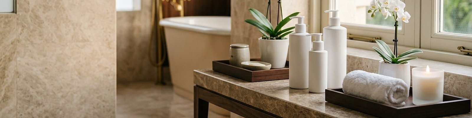 Drei Pumpspender für Hotelkosmetik auf einer Ablage im Hotelbad