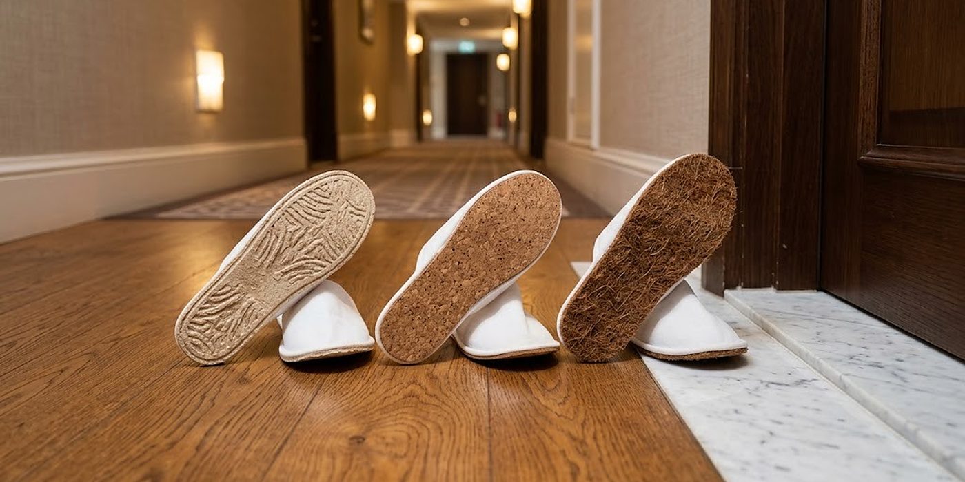 Tres zapatillas de hotel sobre suelo de roble con suelas de caña de azúcar, corcho y fibra de coco, comparadas