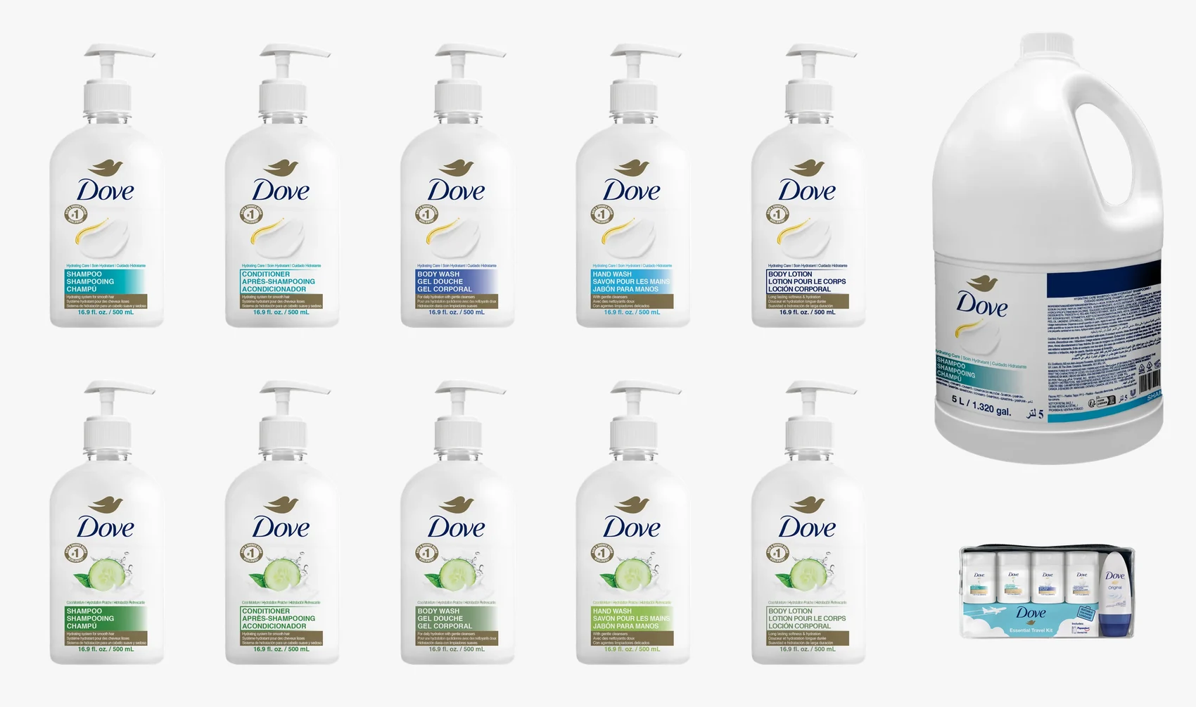 Cosmétiques hôteliers Dove en un coup d'œil : Hydrating Care et Cool Moisture en distributeurs de 500 ml, le bidon de recharge de 5 litres et l'Essential Travel Kit