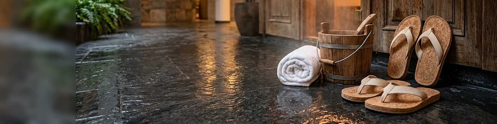 Chaussons et tongs en liège sur un sol de pierre mouillé devant la porte du sauna d'un spa d'hôtel