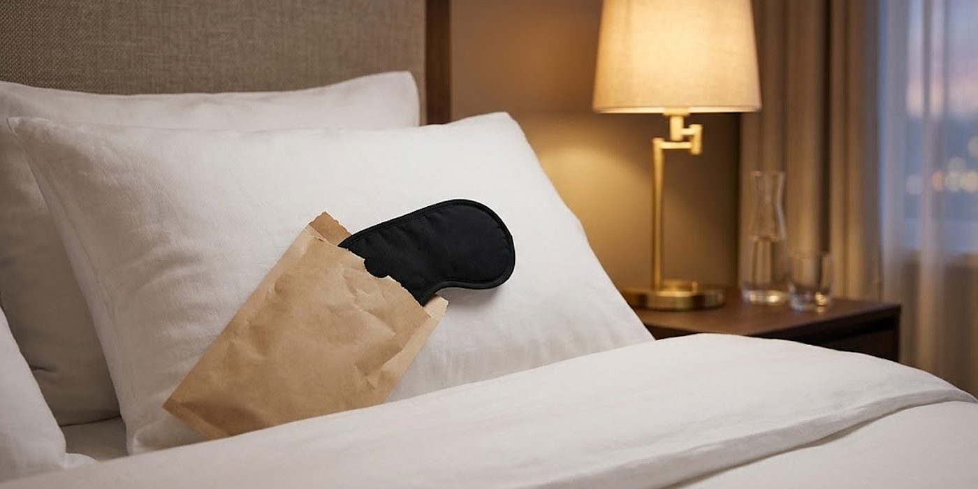 Cama de hotel abierta para la noche con un antifaz negro en un sobre de papel abierto sobre la almohada, luz de lámpara