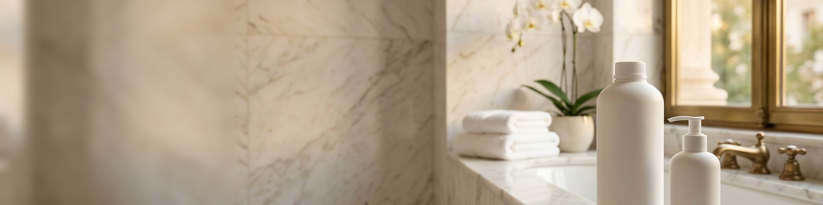Tanica di ricarica accanto a un dispenser con dosatore per cosmetica da hotel