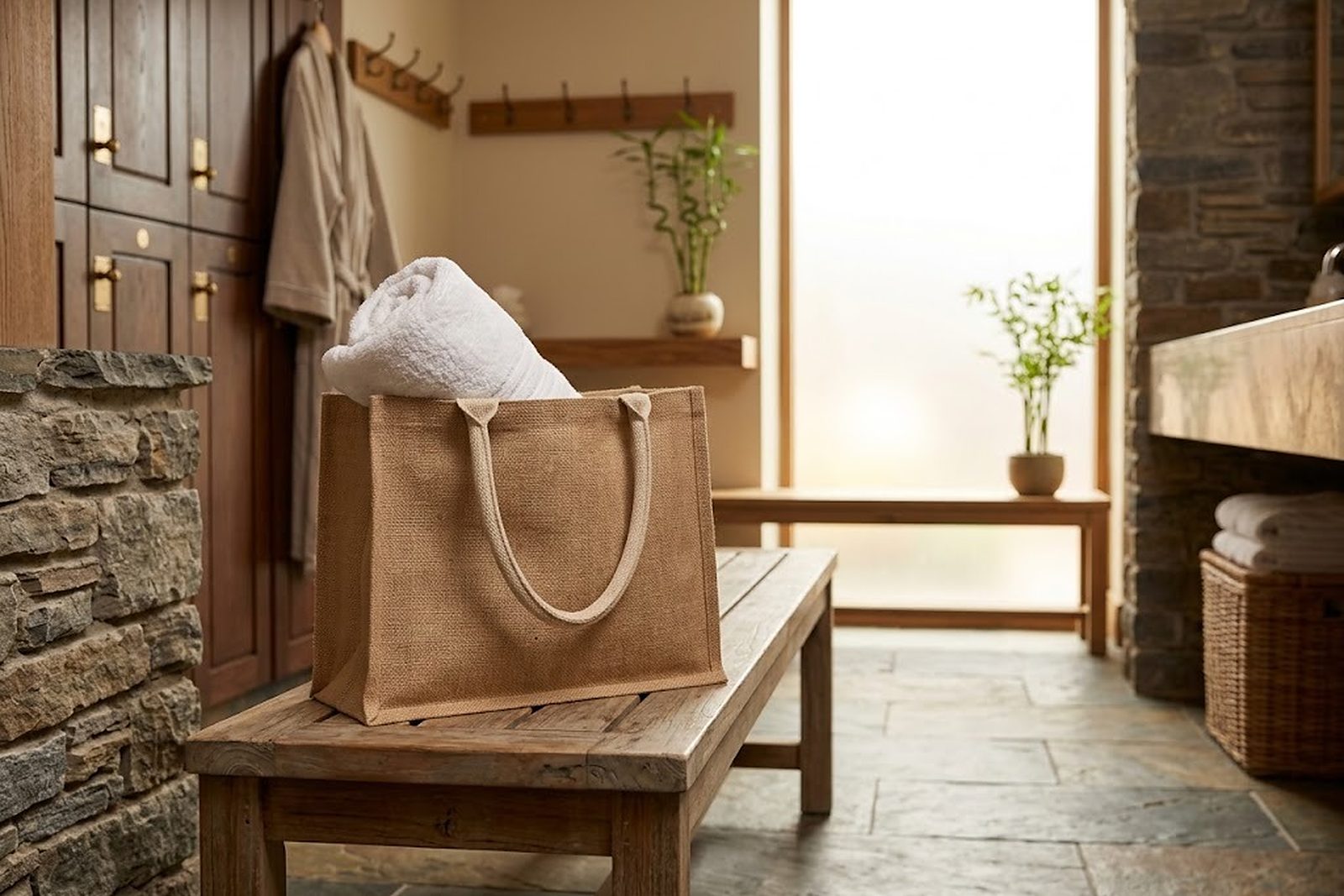Bolsa de yute con asas de algodón sobre un banco de teca en el vestuario de un spa de hotel, con una toalla blanca enrollada dentro