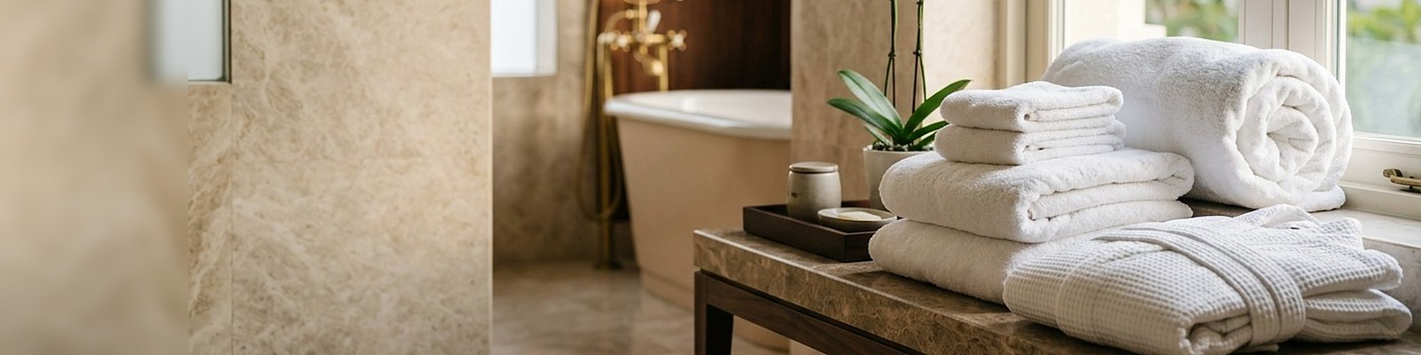 Gestapelte weiße Hotelhandtücher neben Badetuch und Bademantel