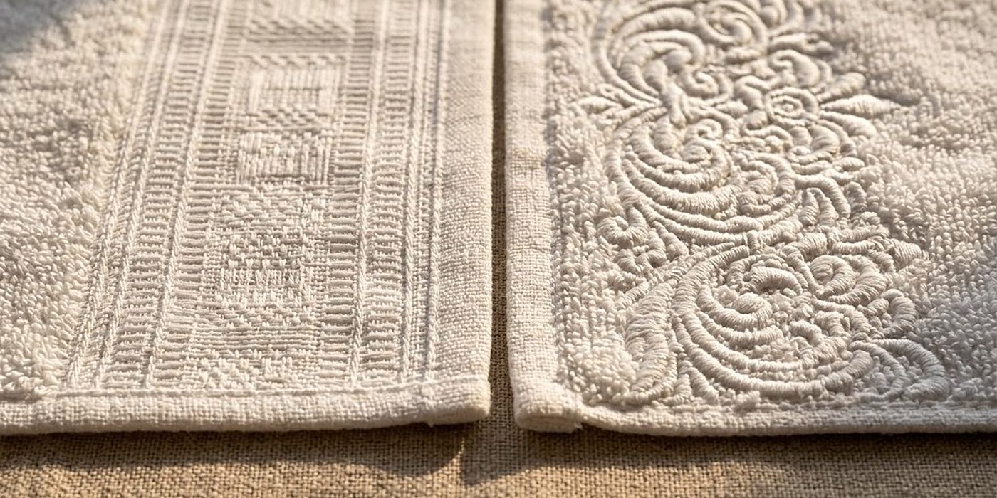 Makro zweier weißer Handtuchbordüren: links eingewebtes Jacquardband, rechts aufgestickte Verzierung