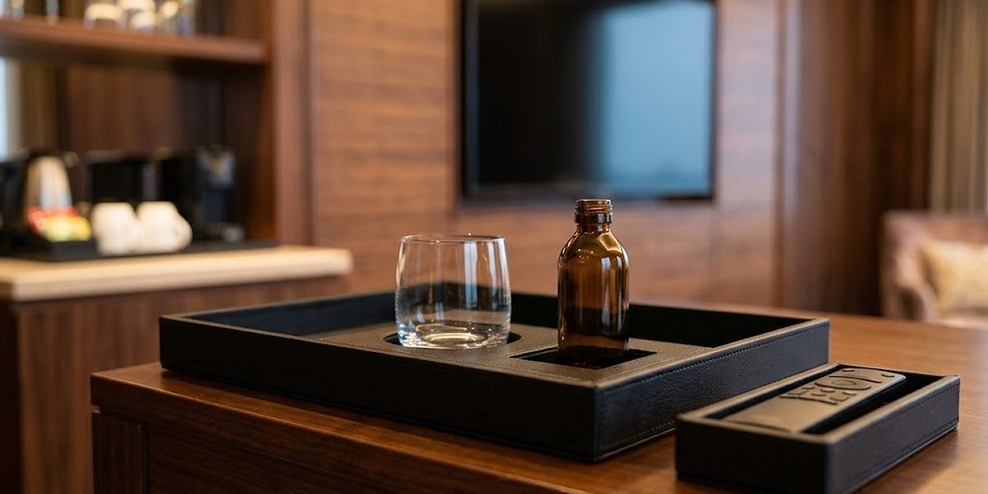 Bandeja con huecos de piel PU negra con vaso y botella en la consola del minibar, al lado un soporte de mando