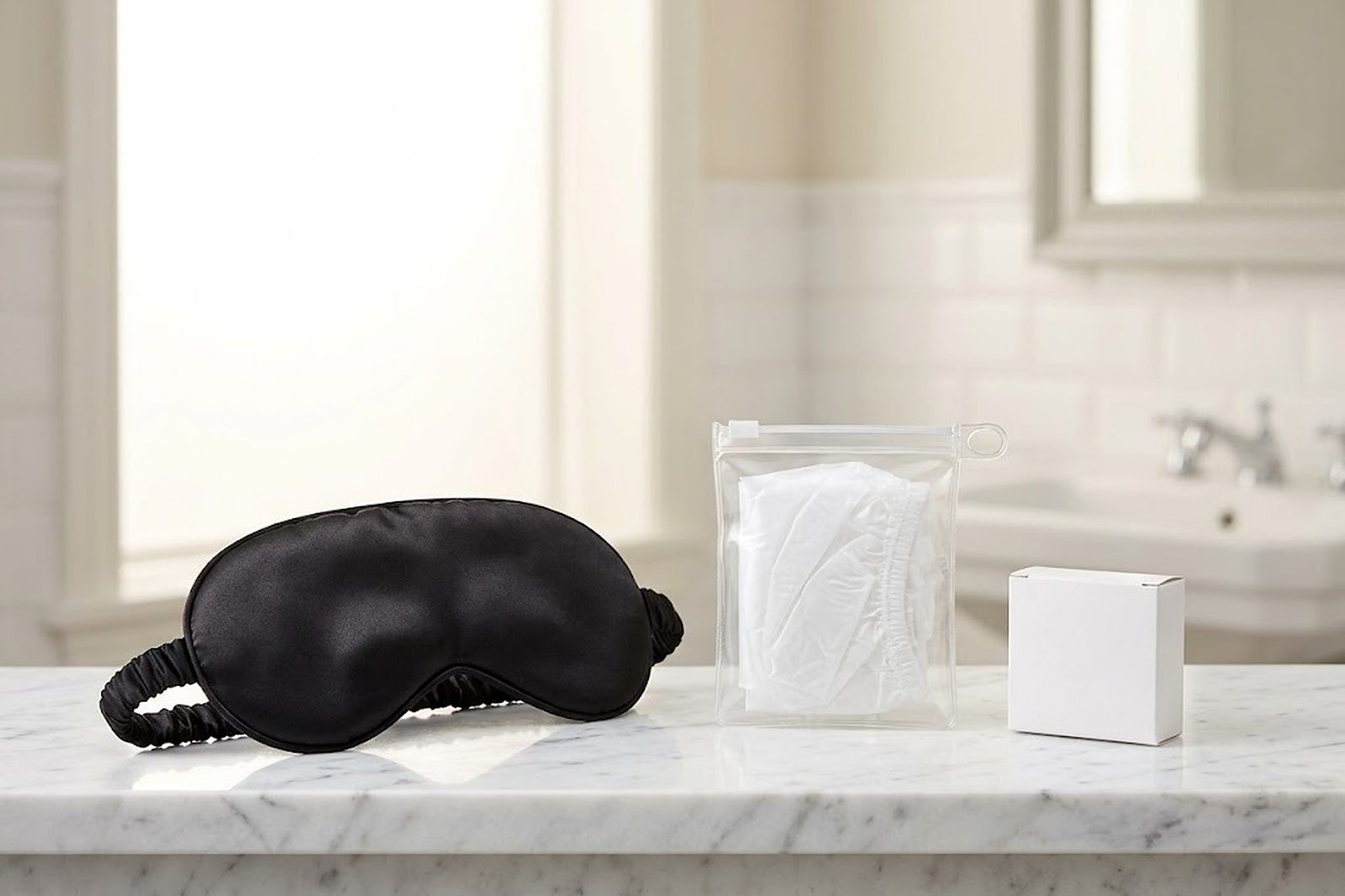 Antifaz negro, gorro de ducha doblado en su bolsita y pequeño set de costura sobre la repisa de mármol de un baño de hotel
