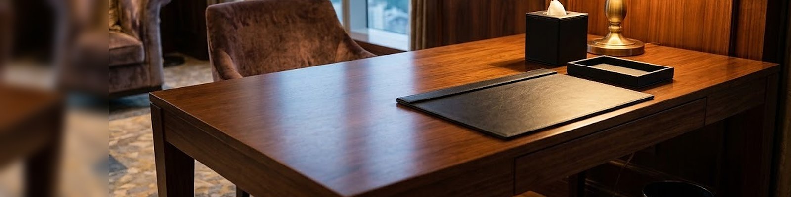 Vista sobre el escritorio de una suite de hotel: vade, caja de pañuelos, bandeja y papelera de piel PU negra