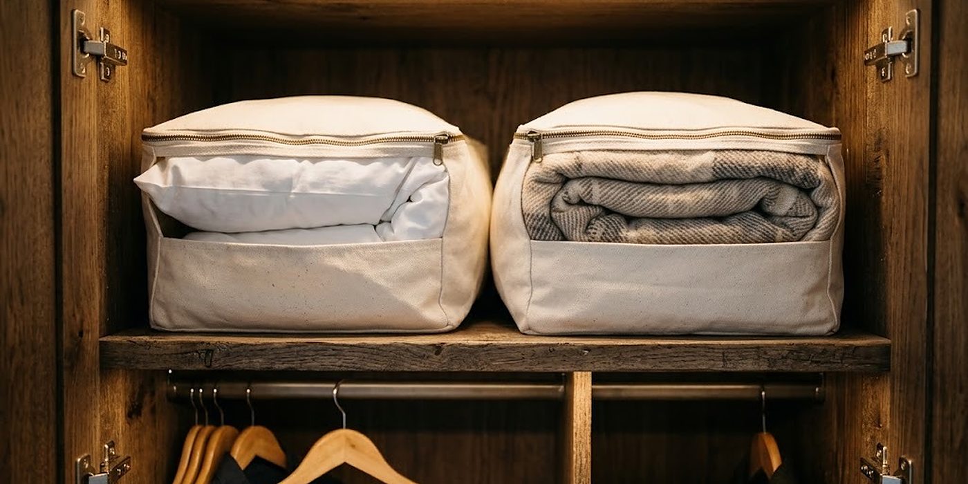 Dos fundas de algodón con cremallera para almohada y manta en la balda superior de un armario de hotel
